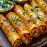 Ein Teller voller Taquitos mit einer Schale Salsa.