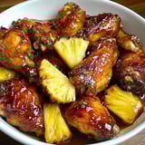 Eine Schüssel Hähnchenflügel mit Ananas.