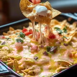 Schale mit Nachos, Käse und Tomaten.