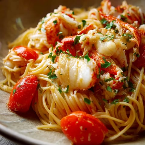 Ein Teller Pasta mit Tomaten und Hummer.