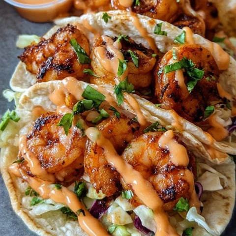Ein Teller mit Shrimp-Tacos und einer Beilage Sauce.