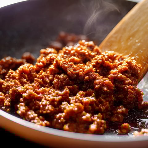 Eine Schüssel mit Fleisch wird gerührt.