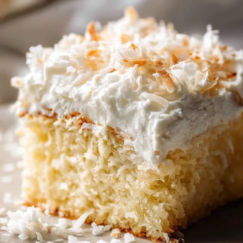 Ein Stück Kuchen mit Kokosraspeln oben drauf.