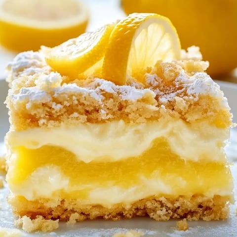 Ein Stück Zitronenkuchen mit Zitronenscheiben darauf.
