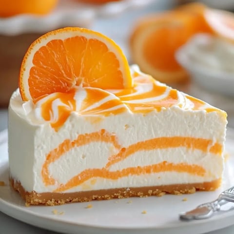 Ein Stück Orangenkuchen mit Orangenscheiben dekoriert.