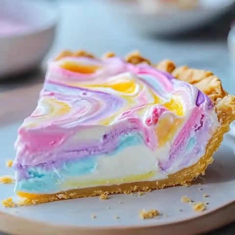 Ein Stück Kuchen in Regenbogenfarben.