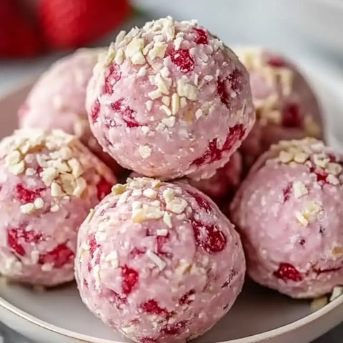 Ein Teller mit rosa Bällchen und roten Erdbeeren.