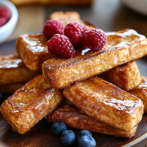 Ein Stapel Toaststicks mit Himbeeren obendrauf.