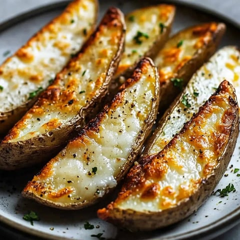 Ein Teller mit goldbraunen Ofen-Kartoffelspalten mit Käse.