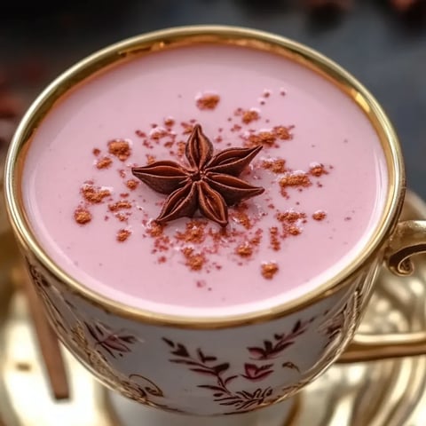 Eine Tasse rosa Getränk mit einem sternförmigen Gewürz obendrauf.