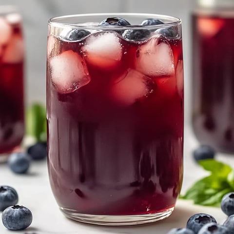 Ein Glas mit Rotwein und Blaubeeren darin.