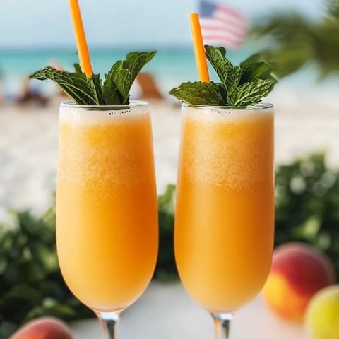 Zwei Gläser mit Orangensaft und Minzblättern.