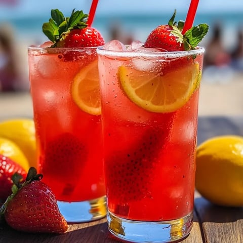 Zwei Gläser leuchtend rote Erdbeerlimonade mit Zitronenscheiben auf dem Tisch.
