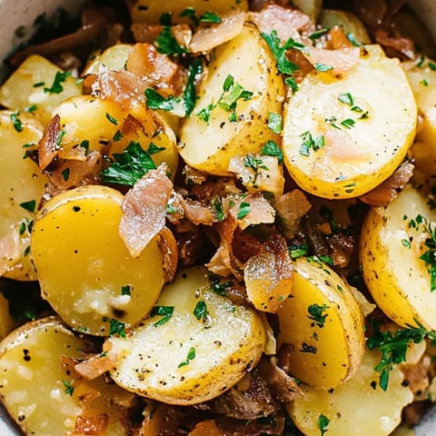 Eine Schüssel mit Kartoffeln und Zwiebeln.